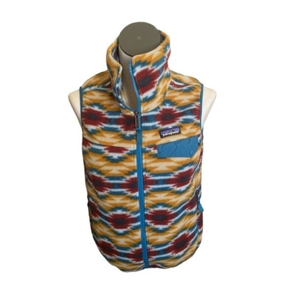 Patagonia Synchilla Snap T Fleece Vest Aztec Pattern gold blue Women jacket Sz S - Picture 1 of 15